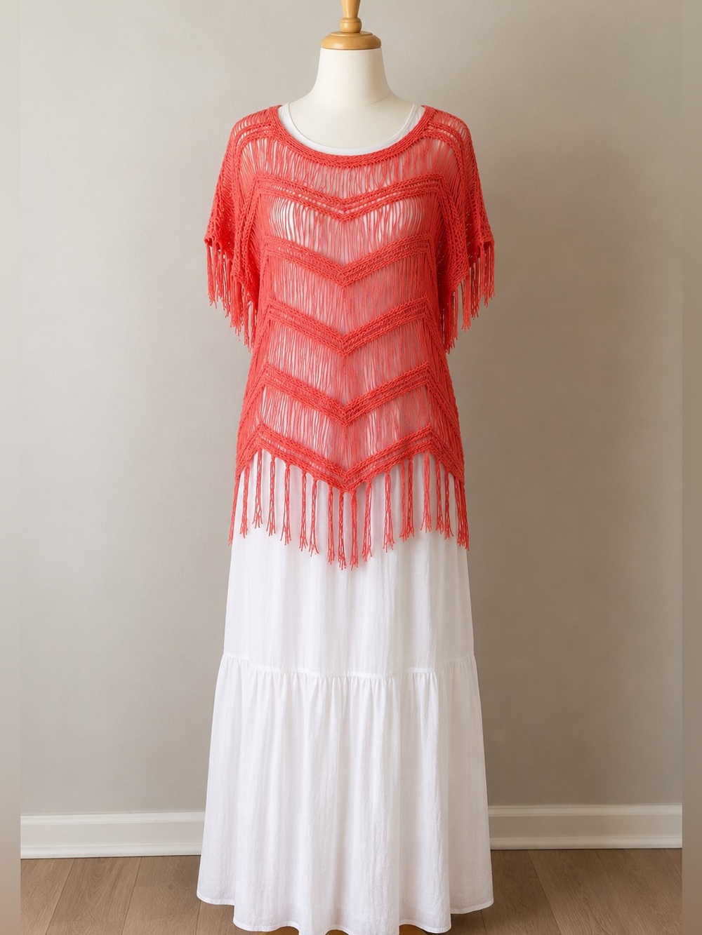 Asha Coral Fringe Open Knit Boho Sweater | One Size EUC